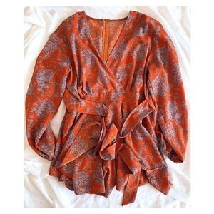 Boho Long Sleeve Floral Wrap Tie Waist Romper Size XXL